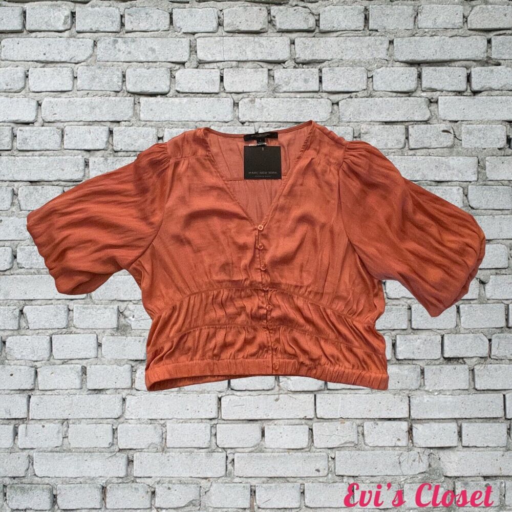 Marc New York  Andrew Mark Crop Women's Top Sz L Puff Sleeve Canyon Clay